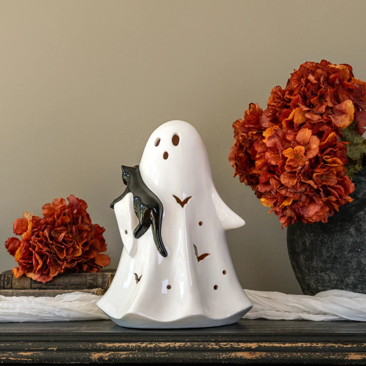 12" Ceramic LED Ghost W/Black Cat - Nifty Decor & More