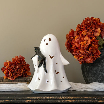 12" Ceramic LED Ghost W/Black Cat - Nifty Decor & More