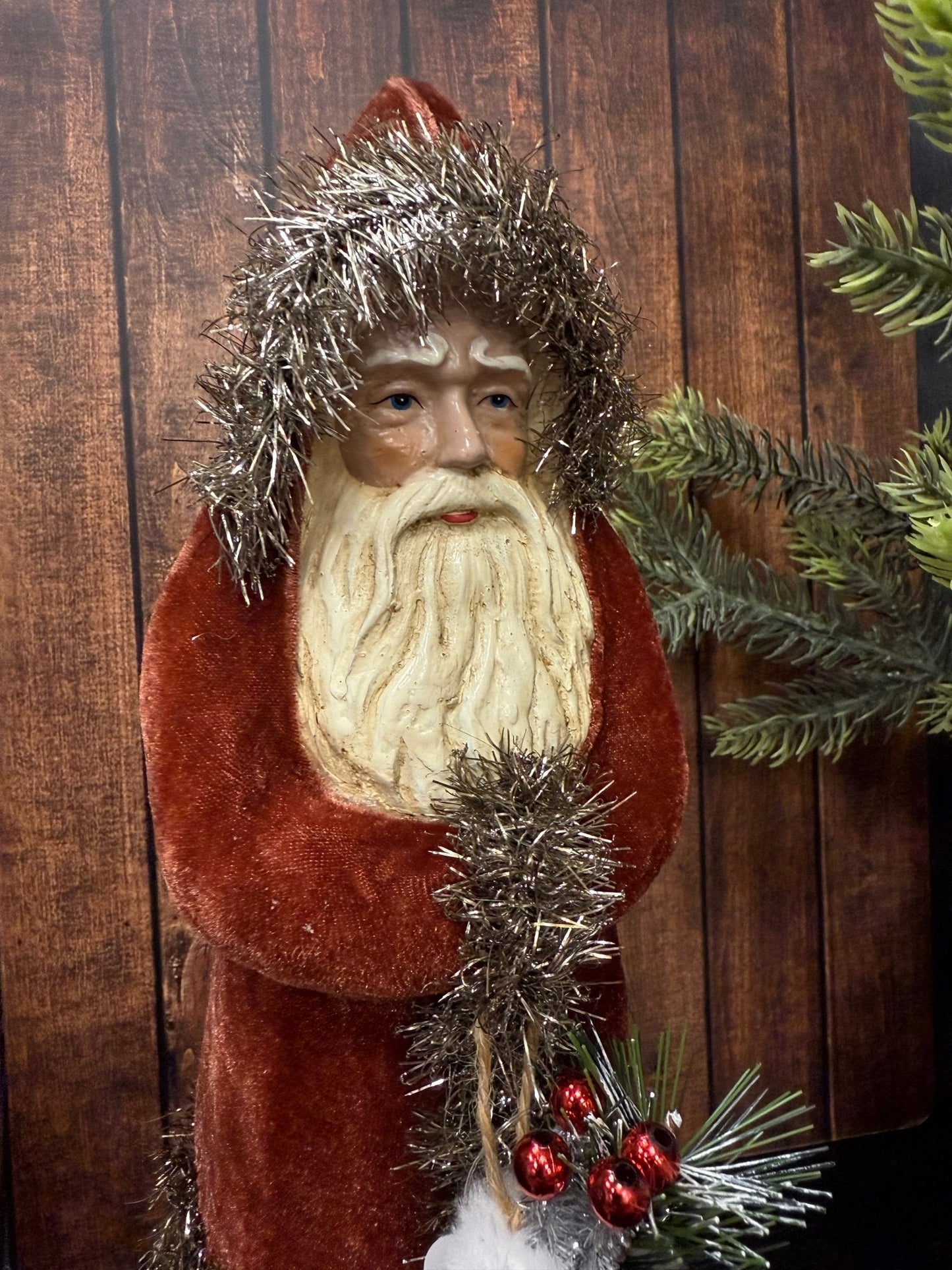 12" Dark Red Velvet Santa with Stocking - Old World European Christmas Figurine - Nifty Decor & More