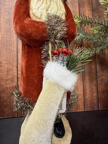 12" Dark Red Velvet Santa with Stocking - Old World European Christmas Figurine - Nifty Decor & More