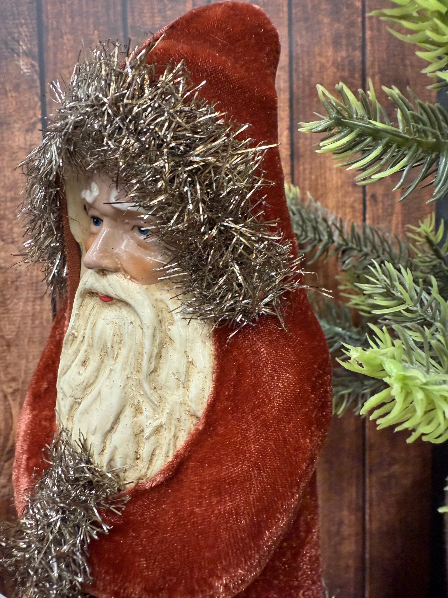 12" Dark Red Velvet Santa with Stocking - Old World European Christmas Figurine - Nifty Decor & More