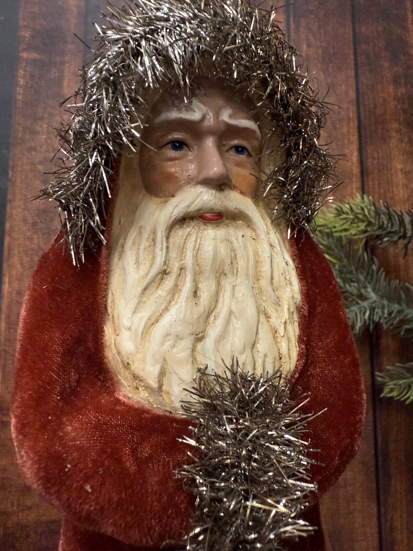 12" Dark Red Velvet Santa with Stocking - Old World European Christmas Figurine - Nifty Decor & More