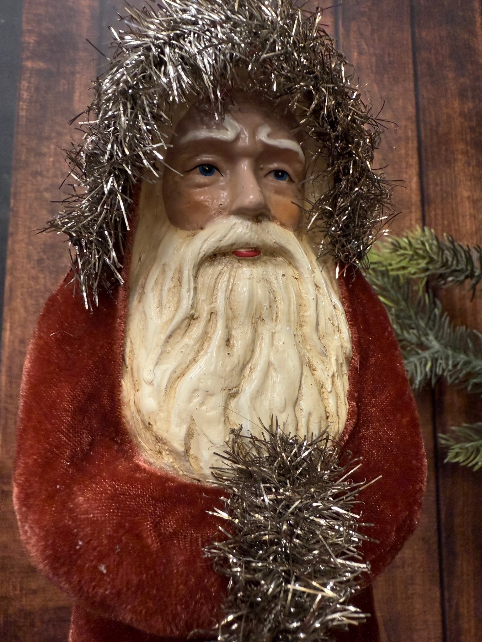 12" Dark Red Velvet Santa with Stocking - Old World European Christmas Figurine - Nifty Decor & More