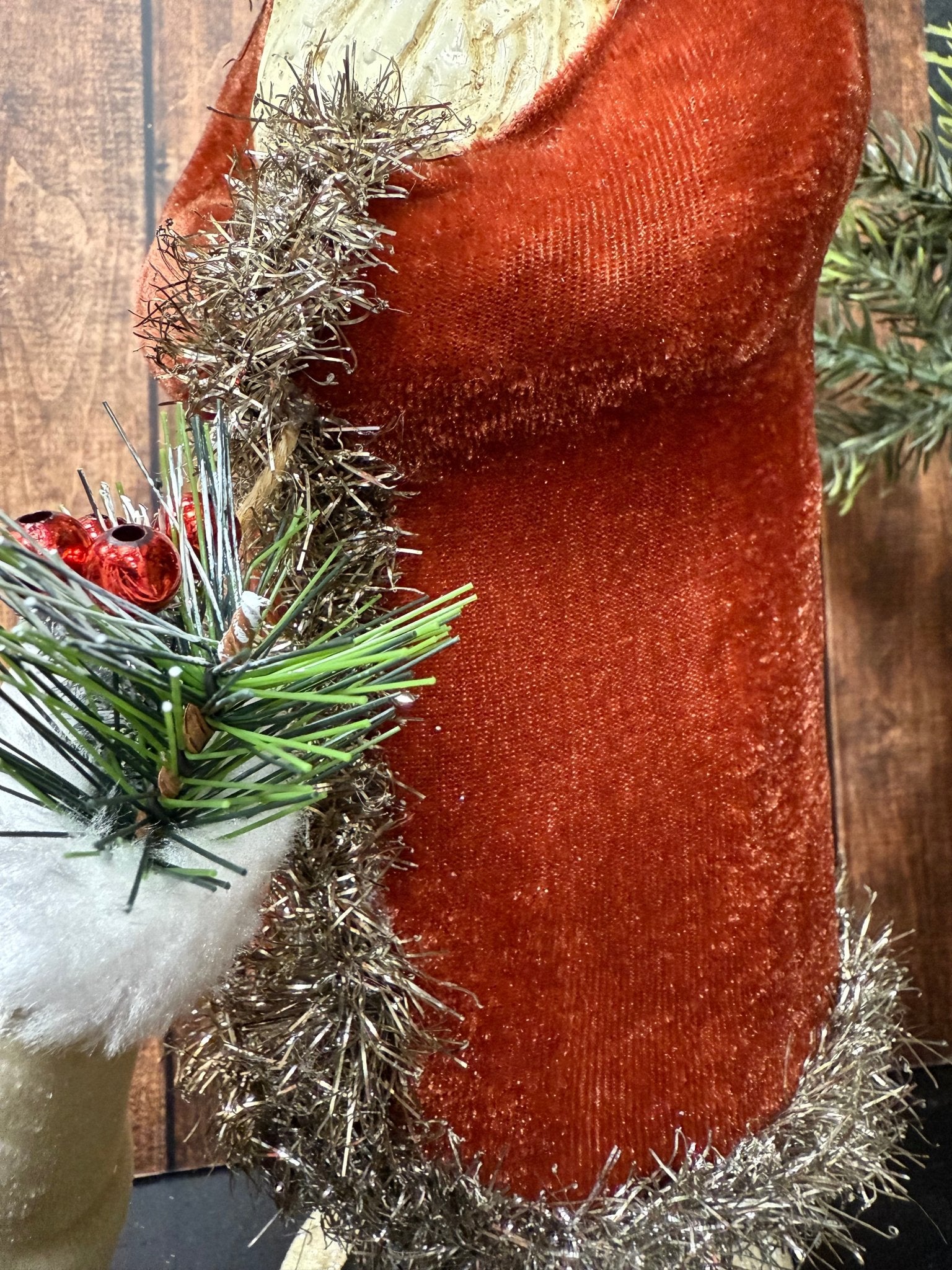 12" Dark Red Velvet Santa with Stocking - RAZ christmas accent piece