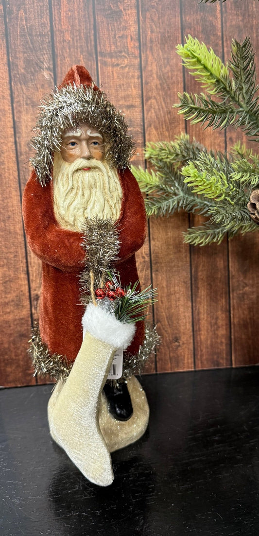 12" Dark Red Velvet Santa with Stocking - RAZ - Nifty Decor & More