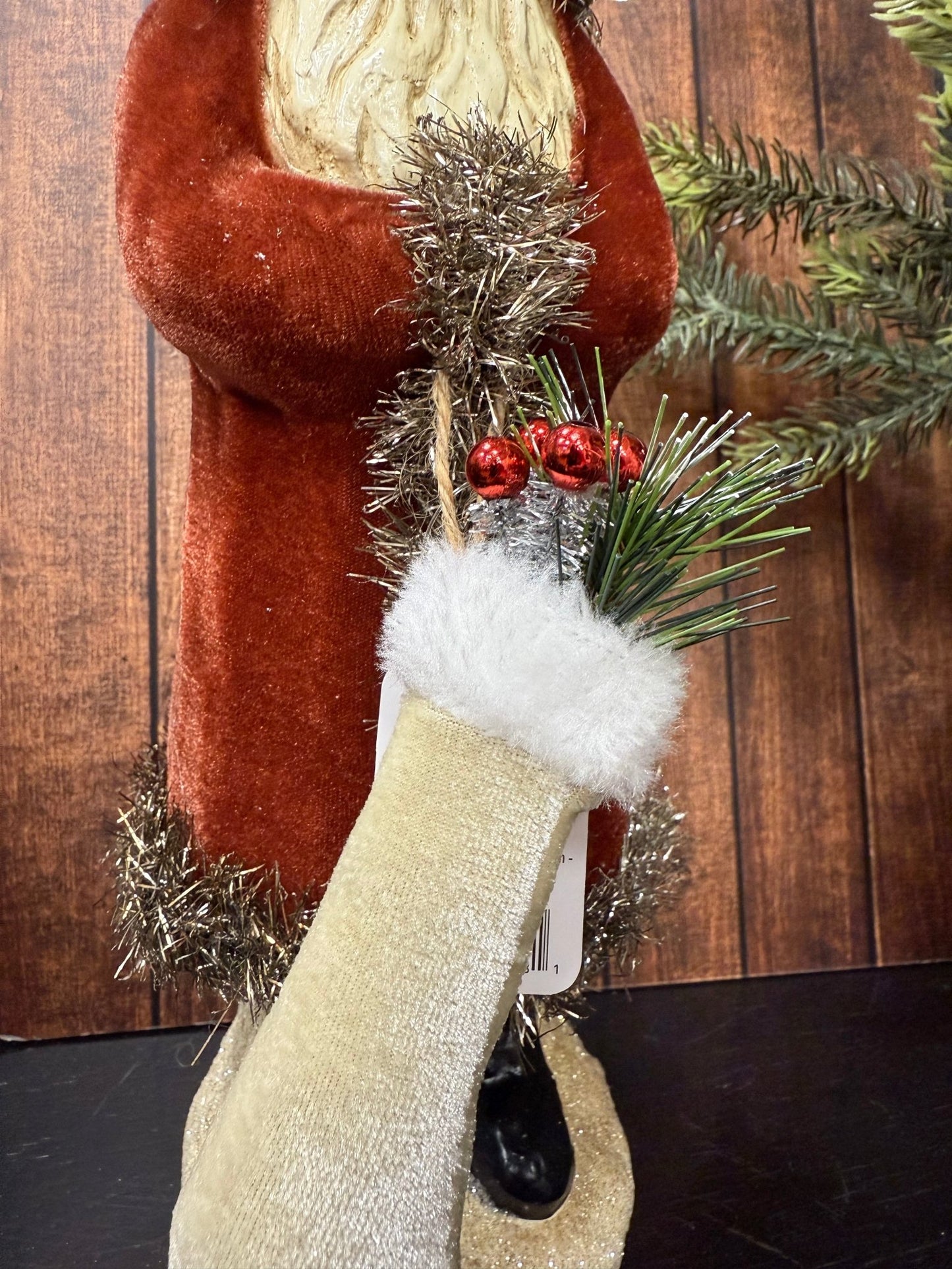 12" Dark Red Velvet Santa with Stocking - RAZ christmas accent piece