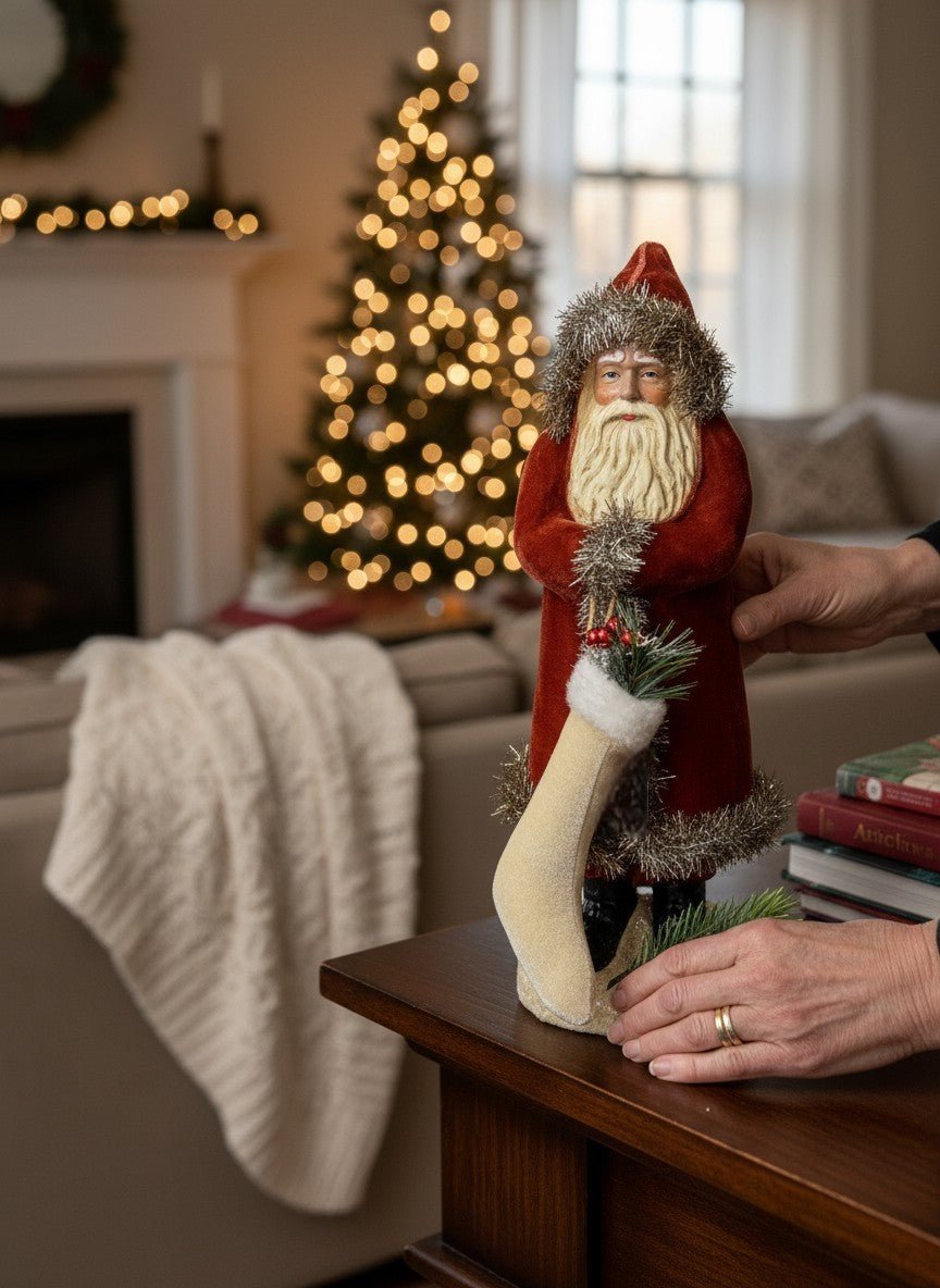 12" Dark Red/Burnt Orange Velvet Santa with Stocking - Old World European Christmas Figurine - Nifty Decor & More