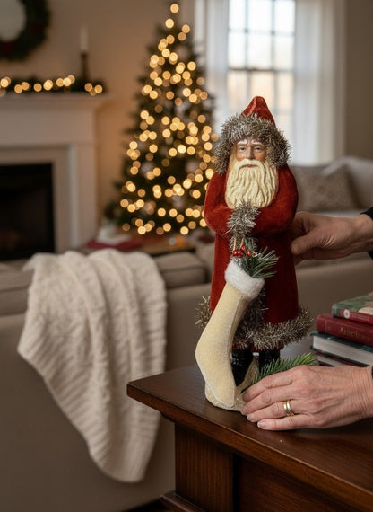 12" Dark Red/Burnt Orange Velvet Santa with Stocking - Old World European Christmas Figurine - Nifty Decor & More