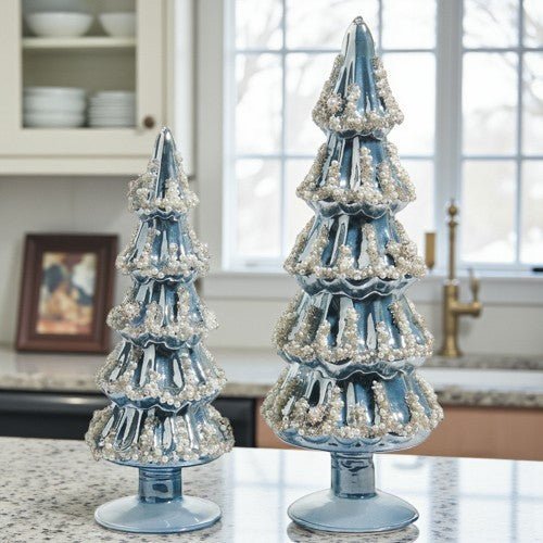 12" Embellished Pearlized Blue Trees - Nifty Decor & More