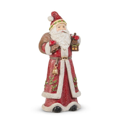 12" Holly & Pine Lantern Santa Figurine – Red Resin Christmas Santa Statue for Mantel, Shelf, or Holiday Home Décor Christmas Santa