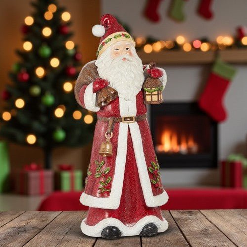 12" Holly & Pine Lantern Santa Figurine – Red Resin Christmas Santa Statue for Mantel, Shelf, or Holiday Home Décor Christmas Santa