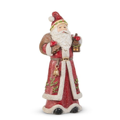 12" Holly & Pine Lantern Santa Figurine – Red Resin Christmas Santa Statue for Mantel, Shelf, or Holiday Home Décor - Nifty Decor & More
