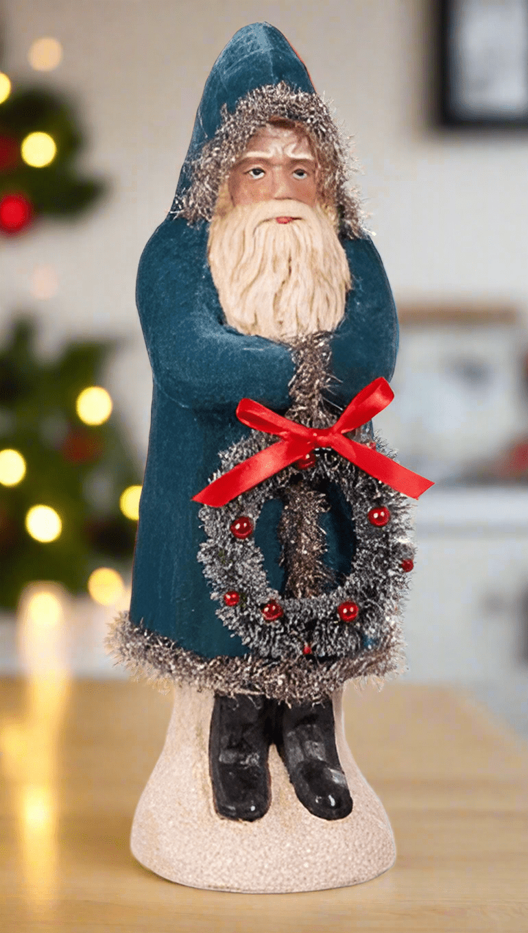 12" Royal Blue Velvet Santa with Wreath - Elegant Old World Christmas Figurine by RAZ Imports - Nifty Decor & More