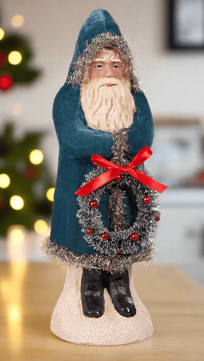 12" Royal Blue Velvet Santa with Wreath - Elegant Old World Christmas Figurine by RAZ Imports - Nifty Decor & More