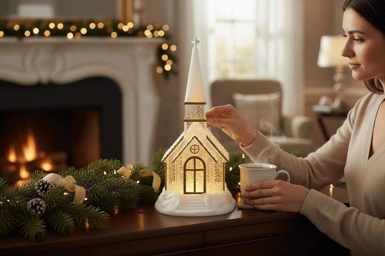 12.25" Lighted Swirling Glitter Water Church with Gold Accents - Nifty Decor & More