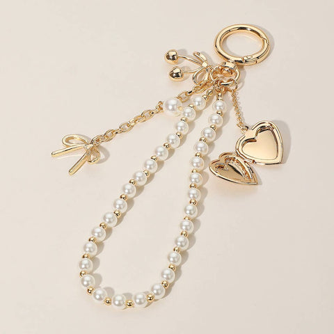 Heart Locket Bow Cherry Pearl Wristlet Keychain Bag Charm