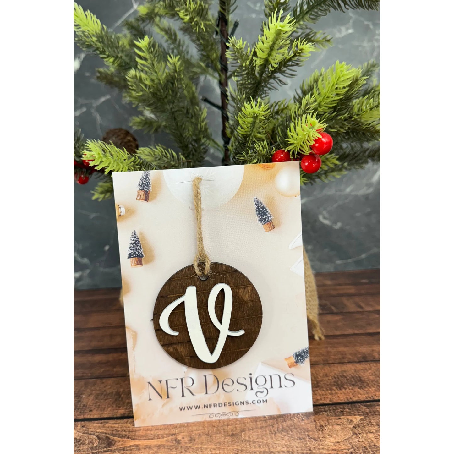 Shiplap Initial Christmas Ornament - Cursive Font Christmas Ornament V - Cursive White letter/Dark backing 