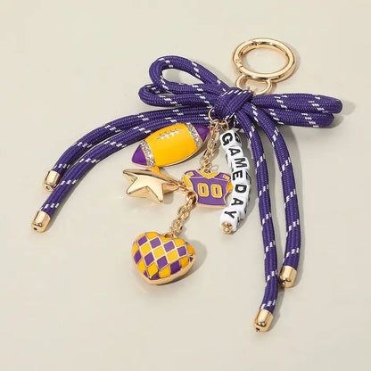 Football Charm Game Day Message Beaded Rope Bow Accent Keychain / Bag Charm Gold Purple Yellow