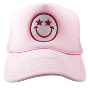 Star Eyed Happy Face Foam Trucker Hat, Fun Retro Style, Sun Protection & Cheer, Perfect Gift for Trendy Hat Lovers Trucker Hats Light Pink