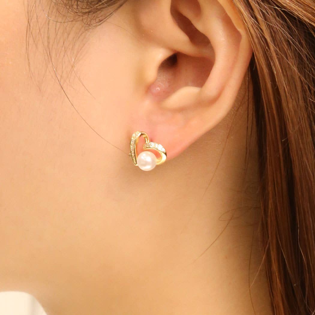 14K Gold-Dipped CZ Heart with Pearl Post Earrings