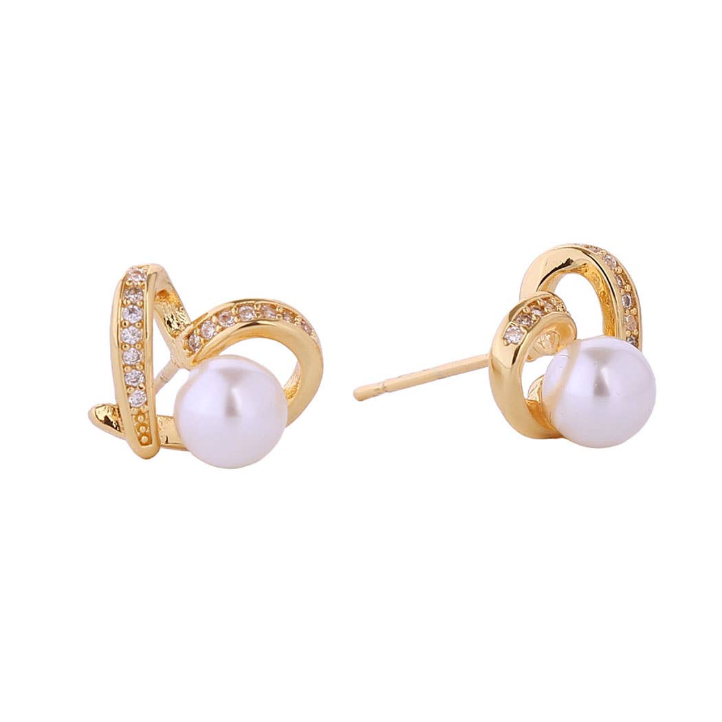 14K Gold-Dipped CZ Heart with Pearl Post Earrings ONE SIZE GOLD