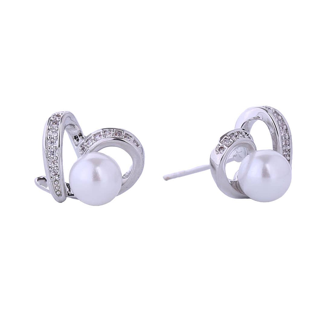 14K Gold-Dipped CZ Heart with Pearl Post Earrings ONE SIZE WHITE GOLD