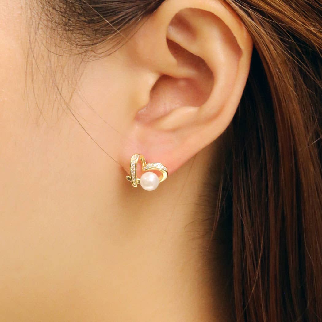 14K Gold-Dipped CZ Heart with Pearl Post Earrings
