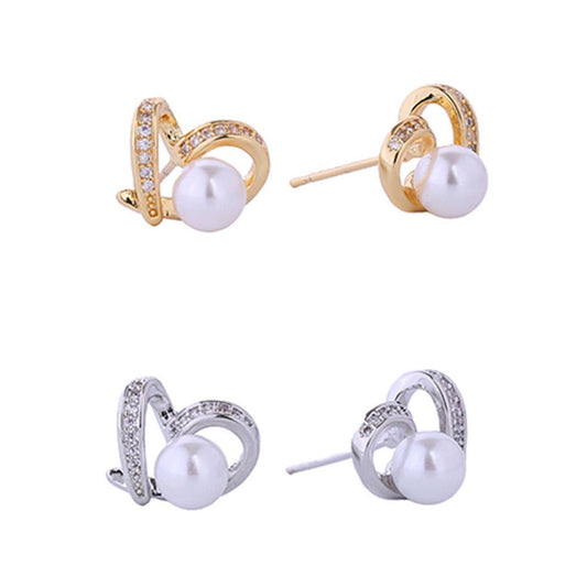 14K Gold-Dipped CZ Heart with Pearl Post Earrings