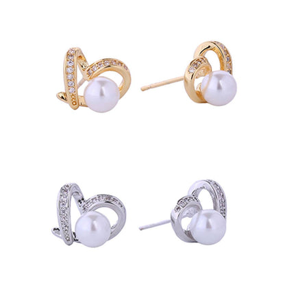 14K Heart with Pearl Post Earrings Gold - Dipped CZ - Nifty Decor & More
