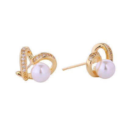 14K Heart with Pearl Post Earrings Gold - Dipped CZ - Nifty Decor & More