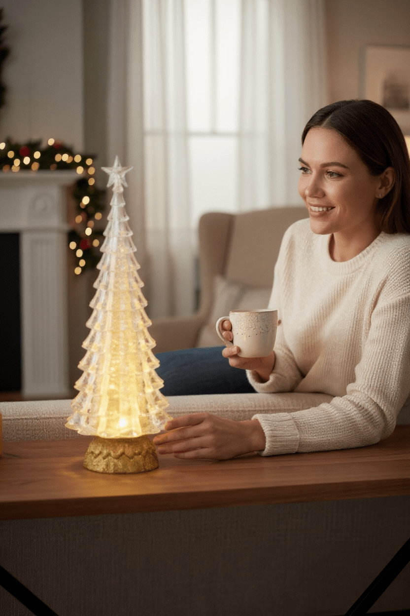 15" Lighted Gold Tree with Swirling Glitter Christmas Water Globe Decoration - Nifty Decor & More