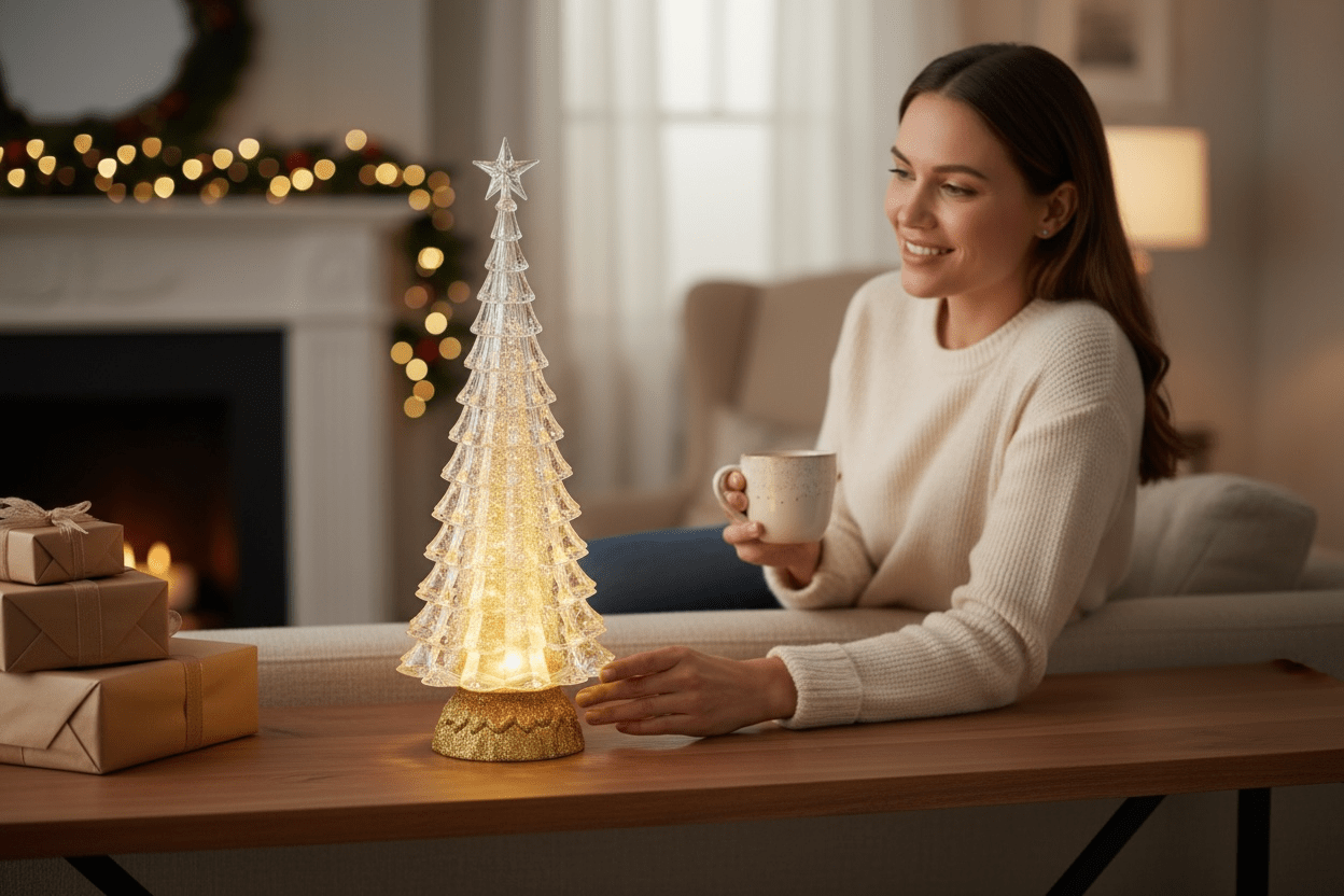 15" Lighted Gold Tree with Swirling Glitter Christmas Water Globe Decoration - Nifty Decor & More