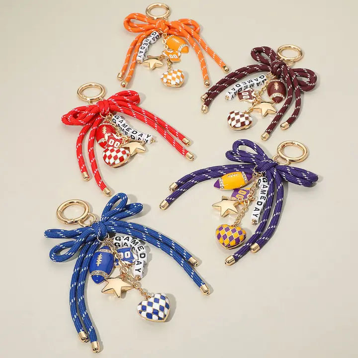 Football Charm Game Day Message Beaded Rope Bow Accent Keychain / Bag Charm