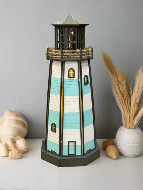 Lighthouse with Lights: Ocean Decor, Sea Life Inspired, Coastal Home Accent, Nautical Table Decoration, Beach House Decor Blue