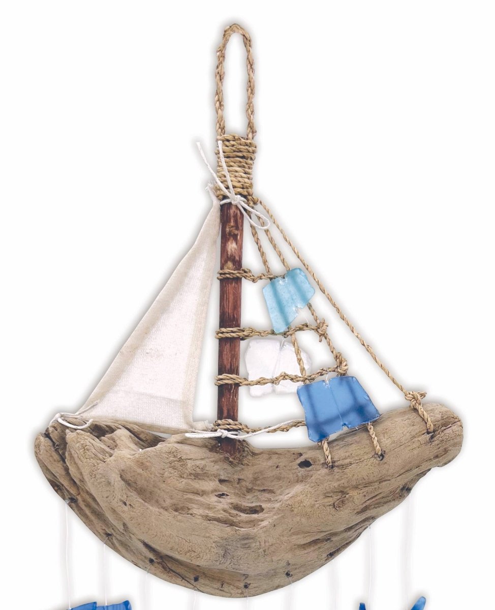 16" Bali Driftwood Boat Glass Wind Chime Decor - Nifty Decor & More