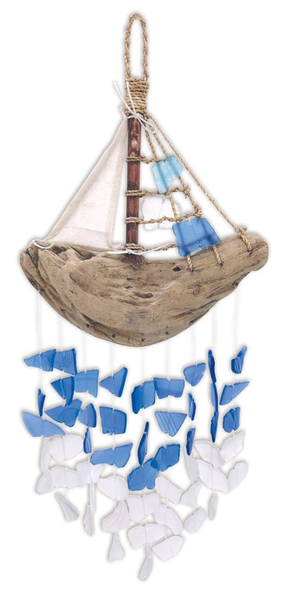 16" Bali Driftwood Boat Glass Wind Chime Decor - Nifty Decor & More