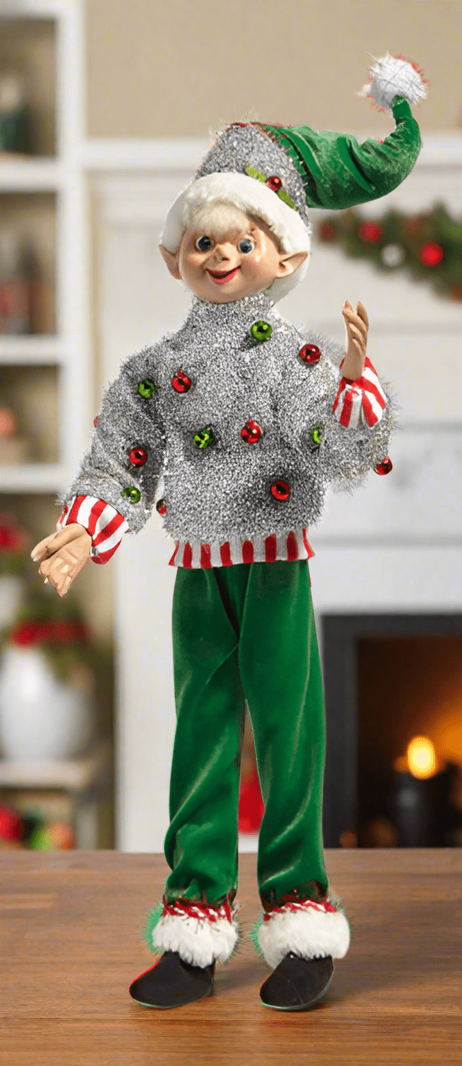 16" Christmas Party Elf - Posable "Ugly Sweater" & Knit Holiday Figurine - Nifty Decor & More