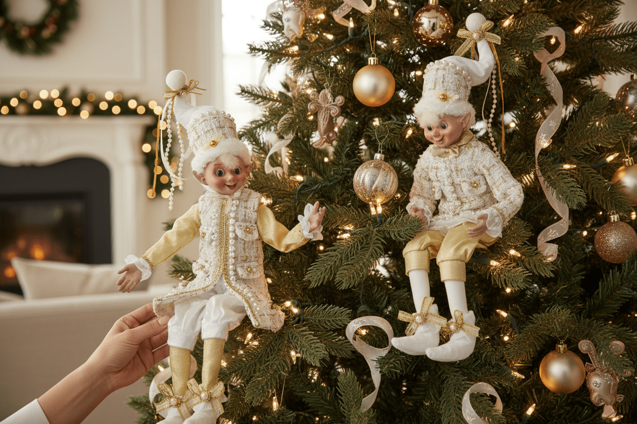 16" Posable Champagne Tweed Elf - Nifty Decor & More