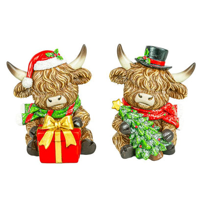 Holly Jolly Highland Cow 4" Sitter