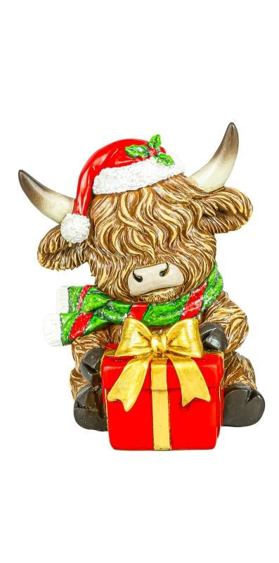 Holly Jolly Highland Cow 4" Sitter