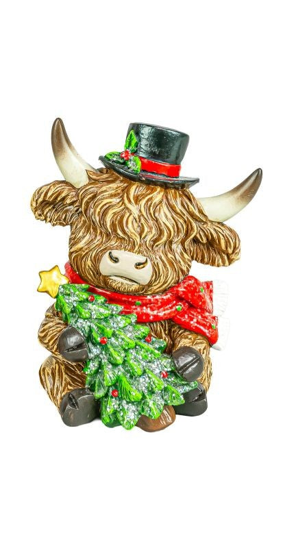 Holly Jolly Highland Cow 4" Sitter