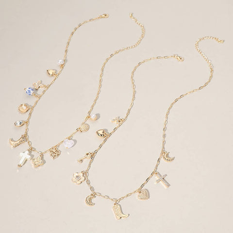 Cowboy Shell Pearl Cross Ceramic Ball Charm Necklace 2PCS, Unique Western-Inspired Jewelry Gift