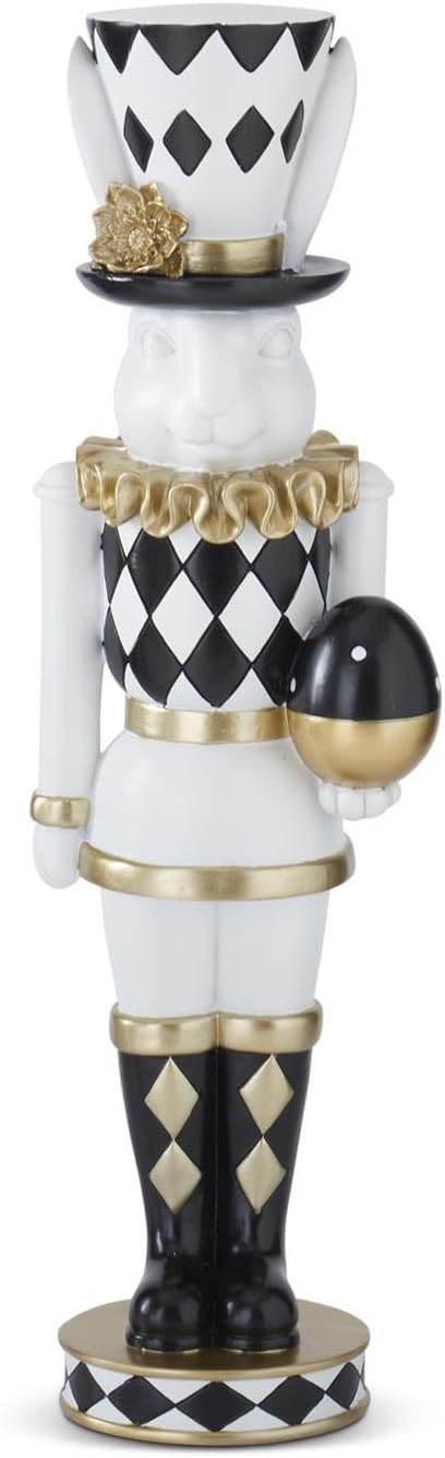 17.75" Easter Bunny Soldier Holding Egg - Resin White, Black & Gold Holiday Figurine - Nifty Decor & More