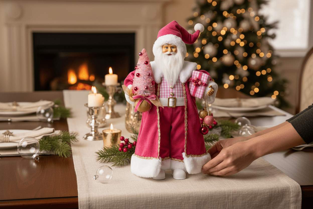 18” Bubblegum Pink Santa | Whimsical Christmas Decor | Pink Candy Holiday Figurine | Polyester Santa Decoration - Nifty Decor & More