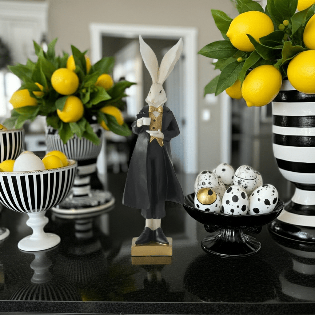18.25" Royal Resin Easter Bunny with Teacup - Black, White & Gold Spring Decor - Nifty Decor & More