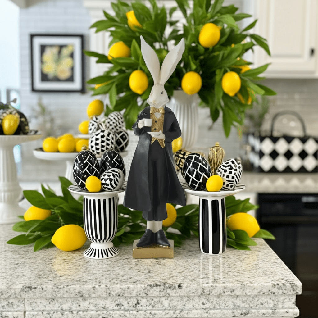 18.25" Royal Resin Easter Bunny with Teacup - Black, White & Gold Spring Decor - Nifty Decor & More