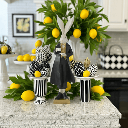 18.25" Royal Resin Easter Bunny with Teacup - Black, White & Gold Spring Decor - Nifty Decor & More