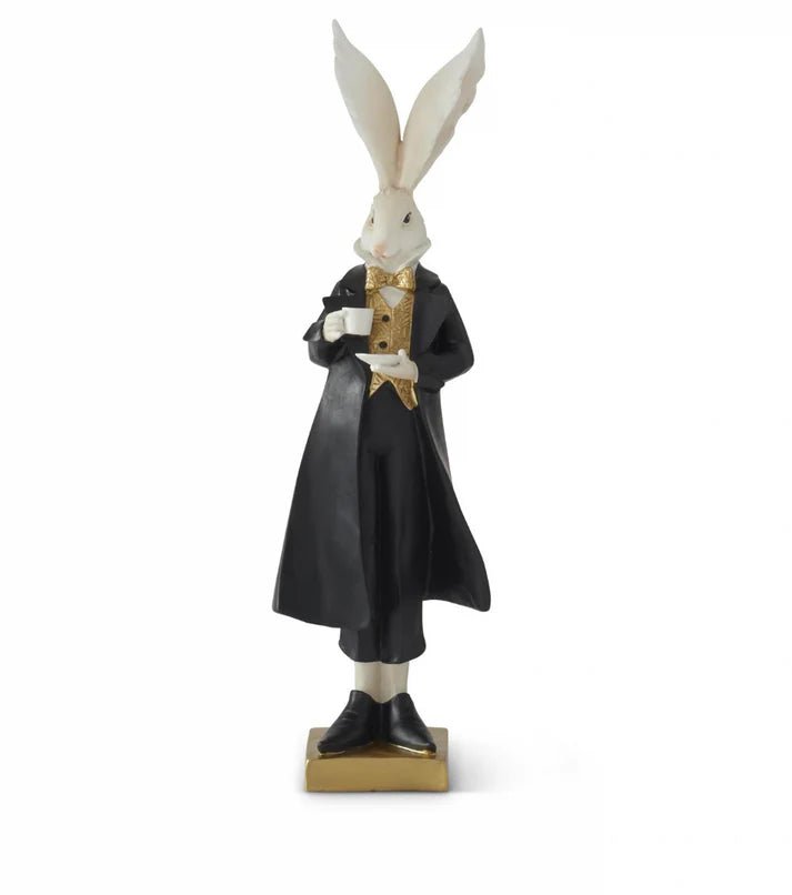 18.25" Royal Resin Easter Bunny with Teacup - Black, White & Gold Spring Decor - Nifty Decor & More