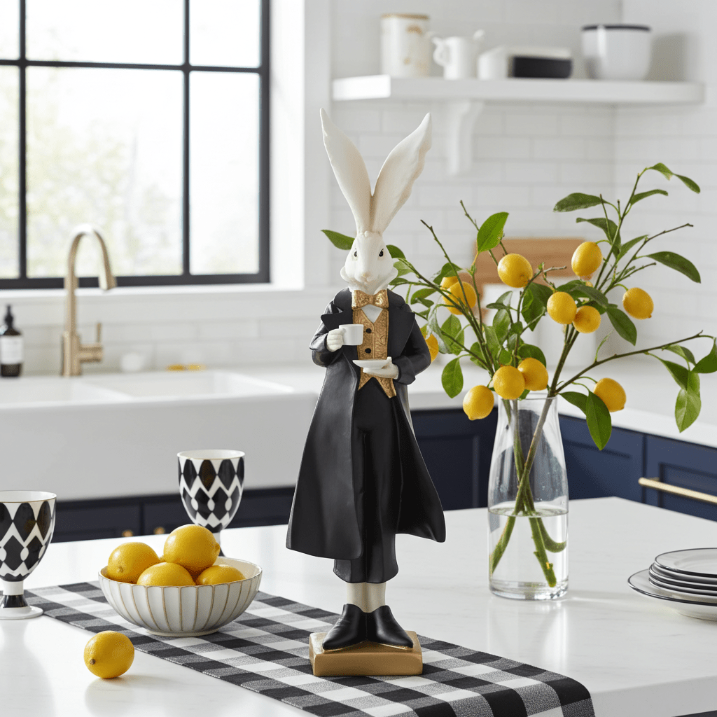 18.25" Royal Resin Easter Bunny with Teacup - Black, White & Gold Spring Decor - Nifty Decor & More