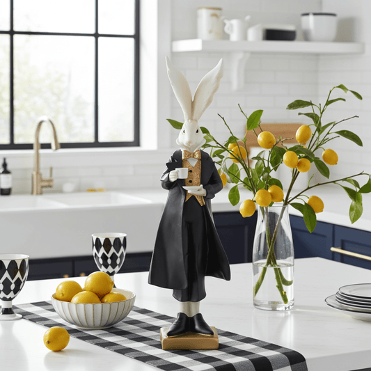 18.25" Royal Resin Easter Bunny with Teacup - Black, White & Gold Spring Decor - Nifty Decor & More